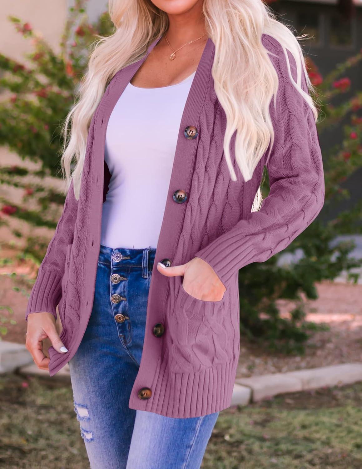 imageZESICA Womens Cardigan Sweaters Fall Button Down Open Front Cable Knit Casual Trendy Winter Clothing OuterwearPurple