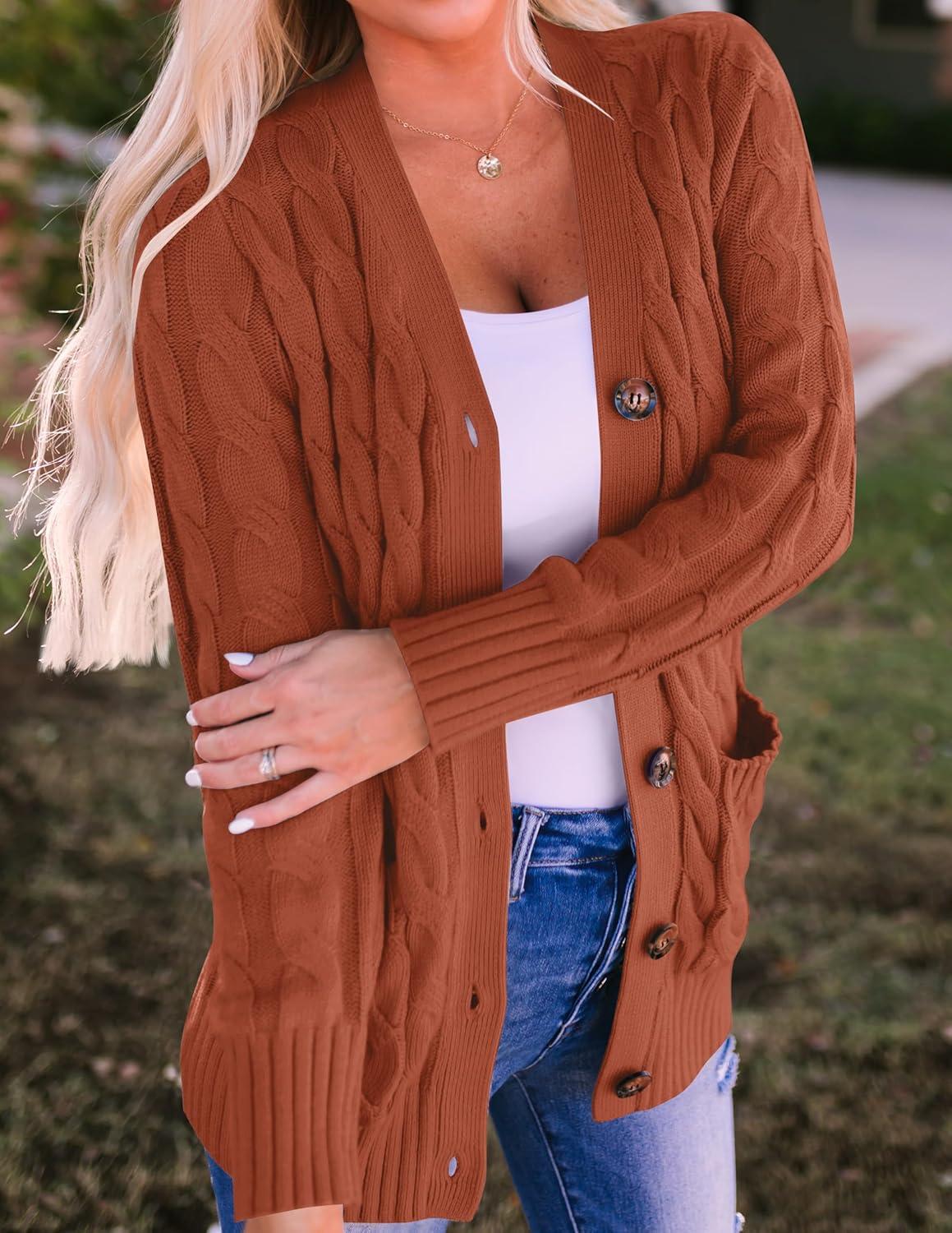 imageZESICA Womens Cardigan Sweaters Fall Button Down Open Front Cable Knit Casual Trendy Winter Clothing OuterwearRust