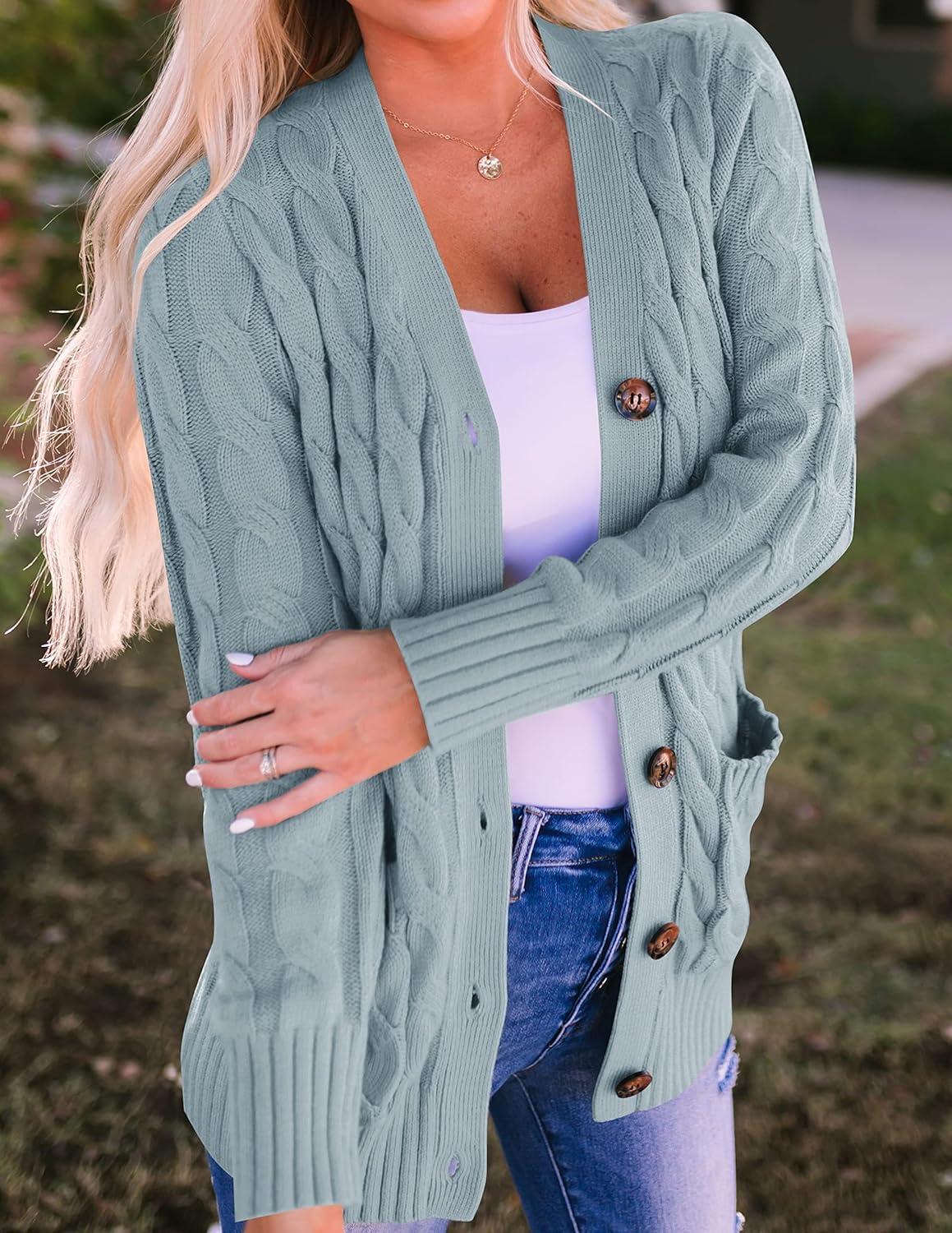 imageZESICA Womens Cardigan Sweaters Fall Button Down Open Front Cable Knit Casual Trendy Winter Clothing OuterwearSage