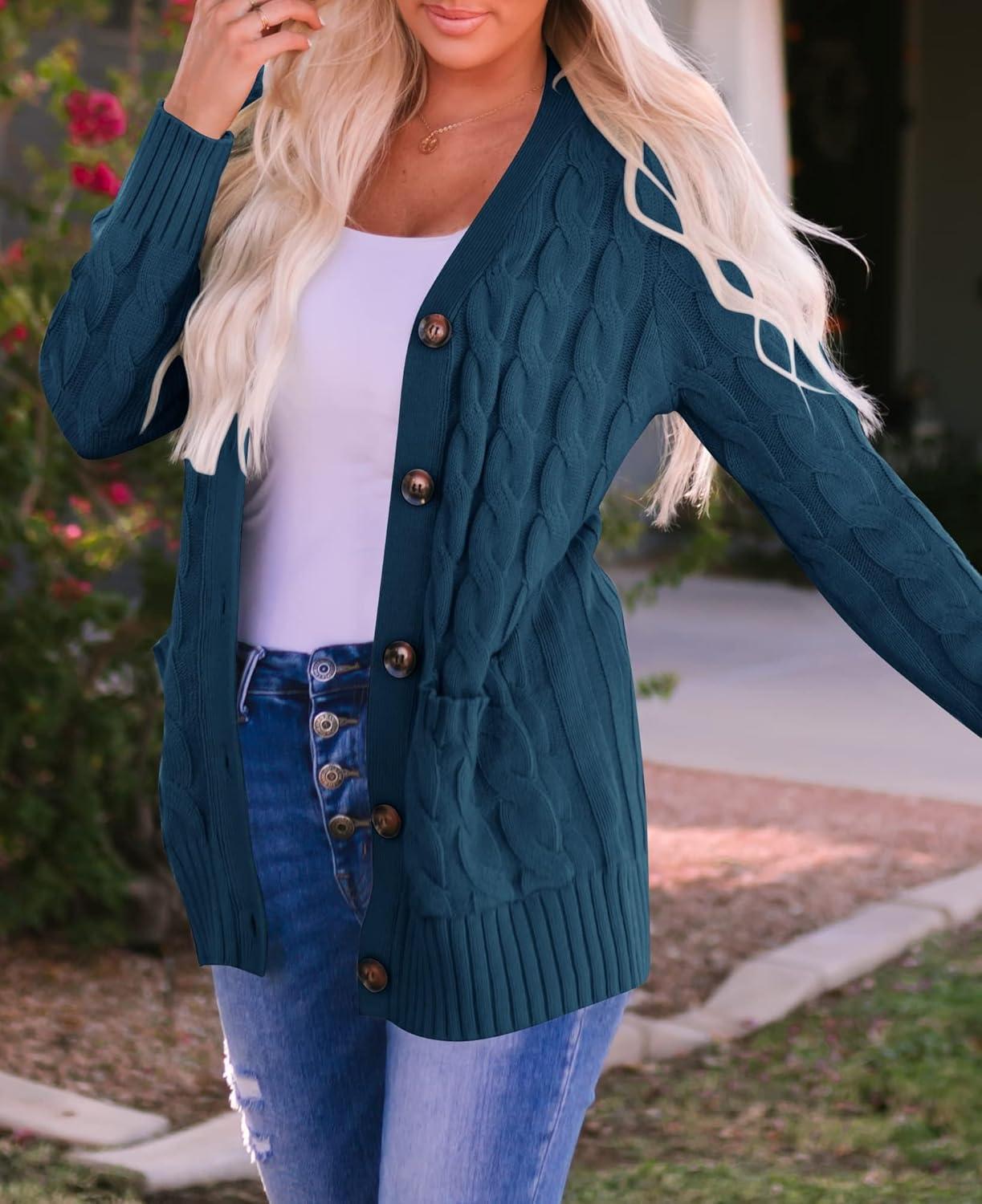 imageZESICA Womens Cardigan Sweaters Fall Button Down Open Front Cable Knit Casual Trendy Winter Clothing OuterwearTeal