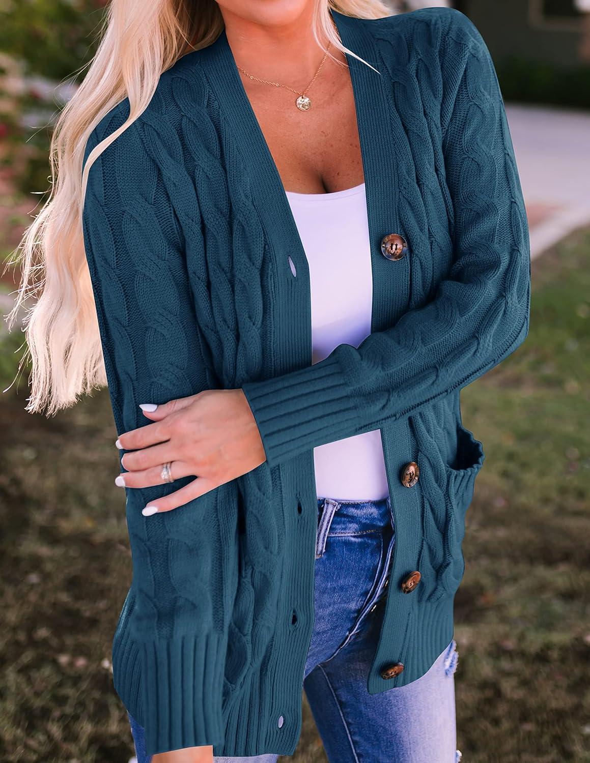imageZESICA Womens Cardigan Sweaters Fall Button Down Open Front Cable Knit Casual Trendy Winter Clothing OuterwearTeal
