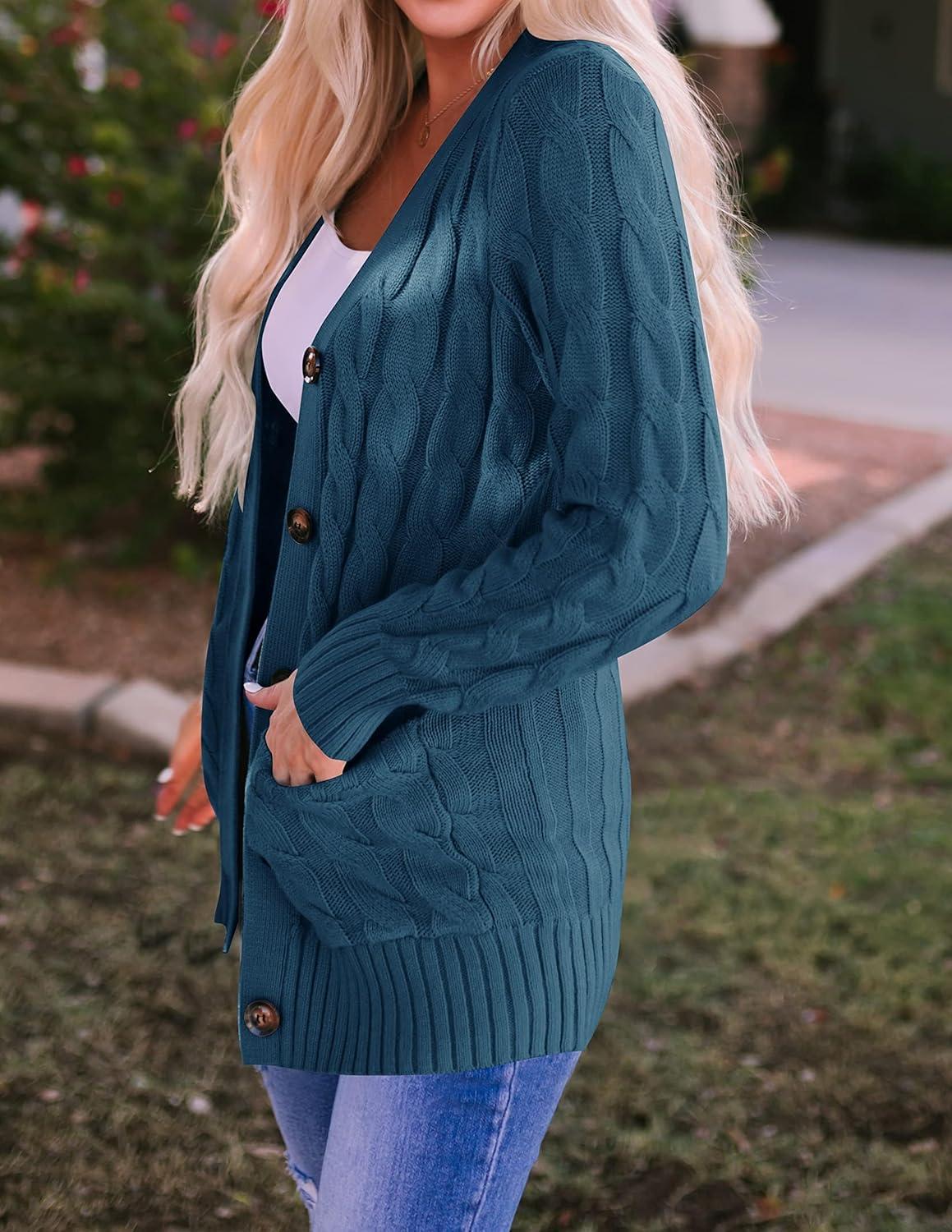 imageZESICA Womens Cardigan Sweaters Fall Button Down Open Front Cable Knit Casual Trendy Winter Clothing OuterwearTeal
