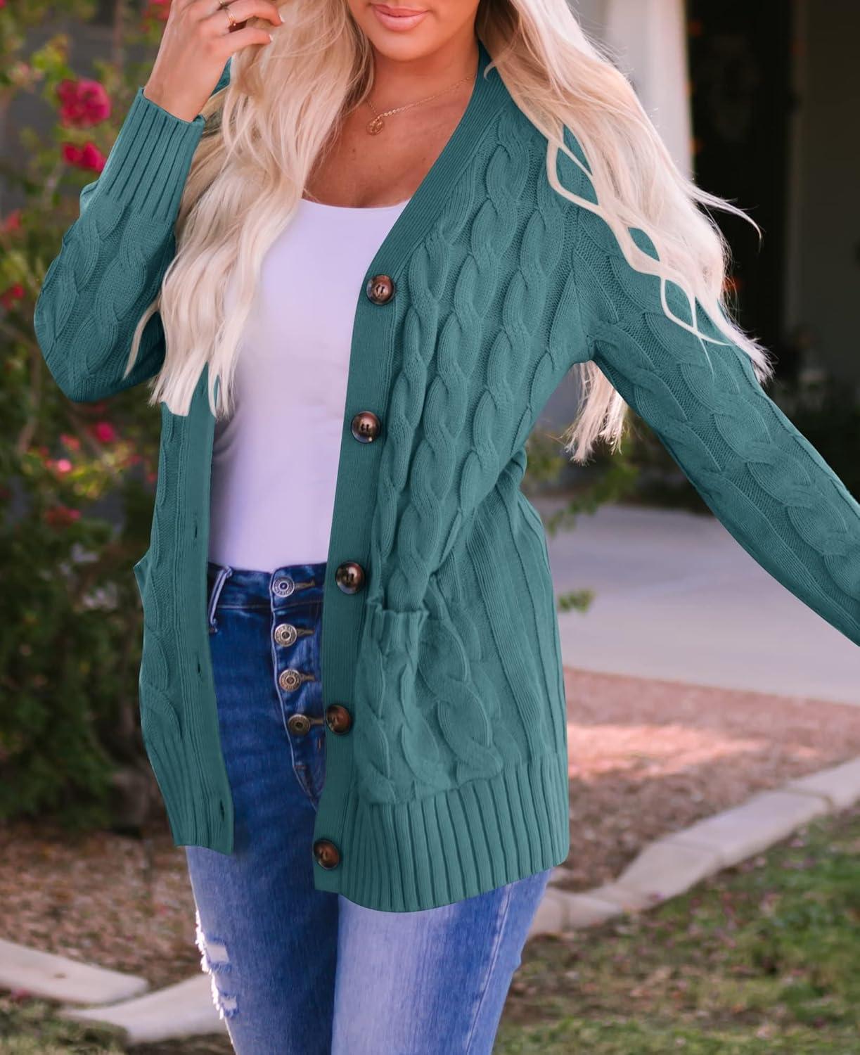 imageZESICA Womens Cardigan Sweaters Fall Button Down Open Front Cable Knit Casual Trendy Winter Clothing OuterwearTealgreen