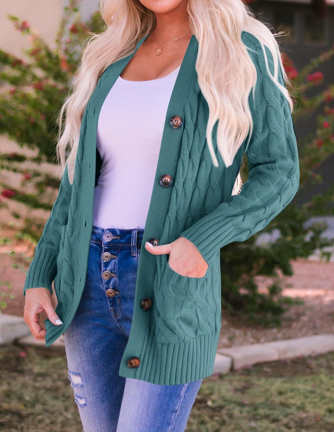 imageZESICA Womens Cardigan Sweaters Fall Button Down Open Front Cable Knit Casual Trendy Winter Clothing OuterwearTealgreen