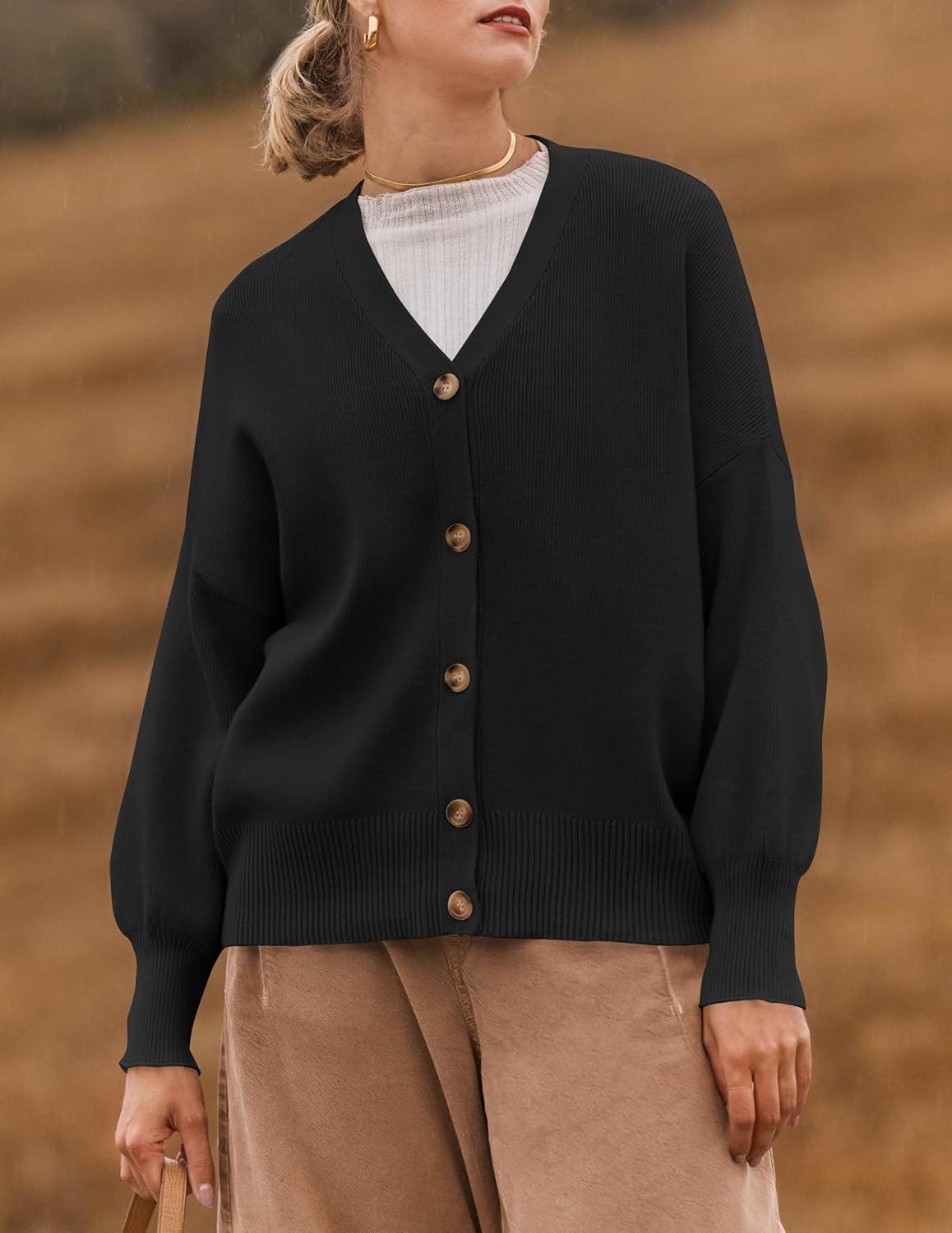 imageZESICA Womens Casual Long Sleeve Cardigan V Neck Button Down Open Front Knit Loose Oversized Sweater CoatBlack