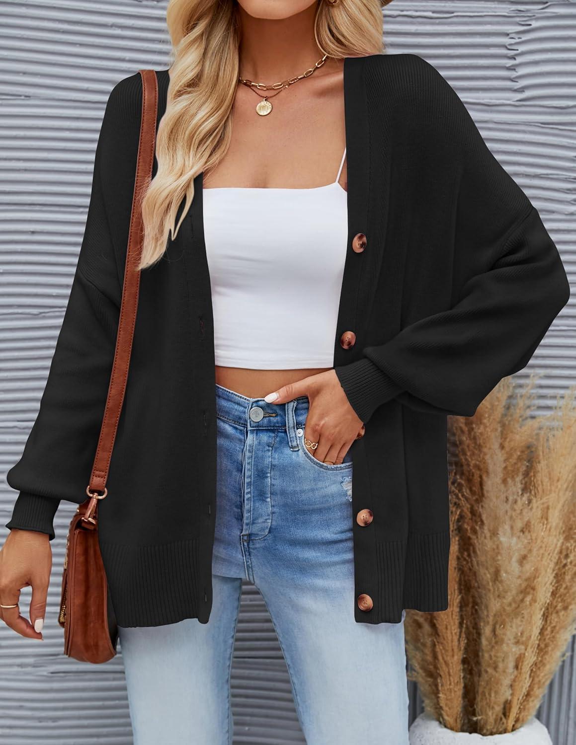 imageZESICA Womens Casual Long Sleeve Cardigan V Neck Button Down Open Front Knit Loose Oversized Sweater CoatBlack