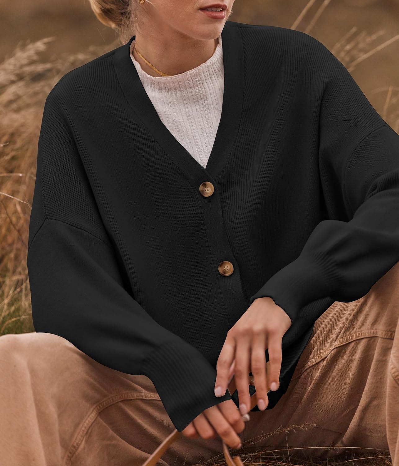 imageZESICA Womens Casual Long Sleeve Cardigan V Neck Button Down Open Front Knit Loose Oversized Sweater CoatBlack
