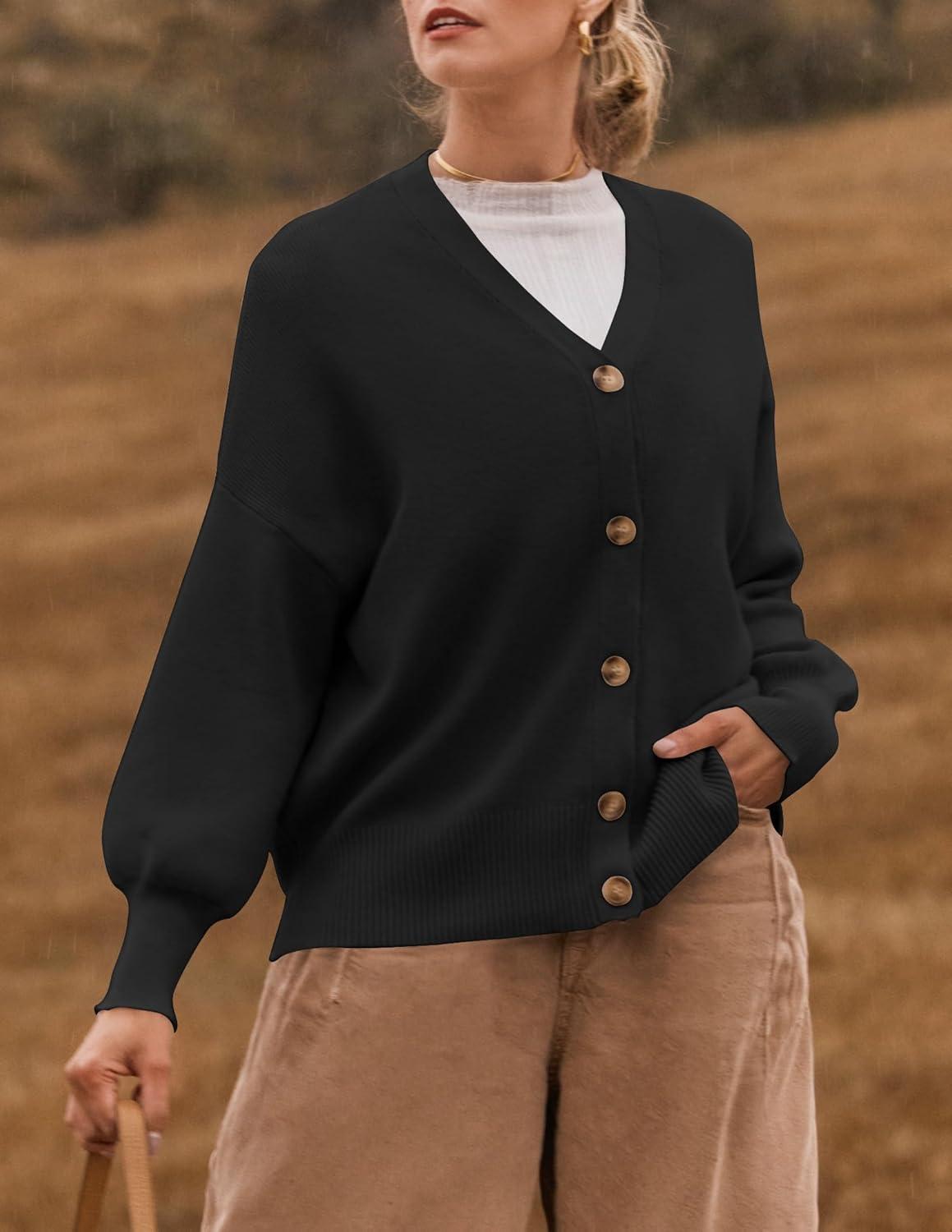 imageZESICA Womens Casual Long Sleeve Cardigan V Neck Button Down Open Front Knit Loose Oversized Sweater CoatBlack