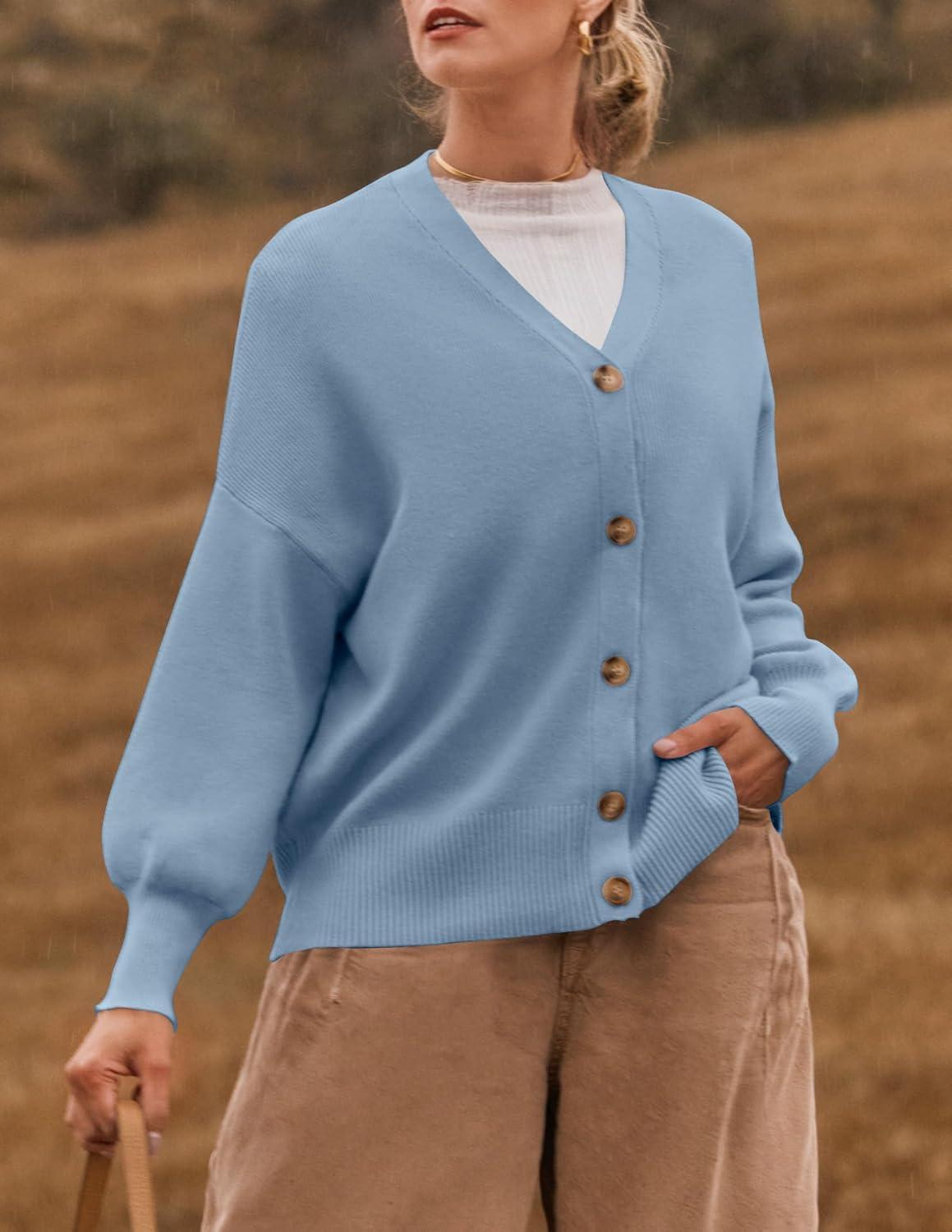 imageZESICA Womens Casual Long Sleeve Cardigan V Neck Button Down Open Front Knit Loose Oversized Sweater CoatBlue