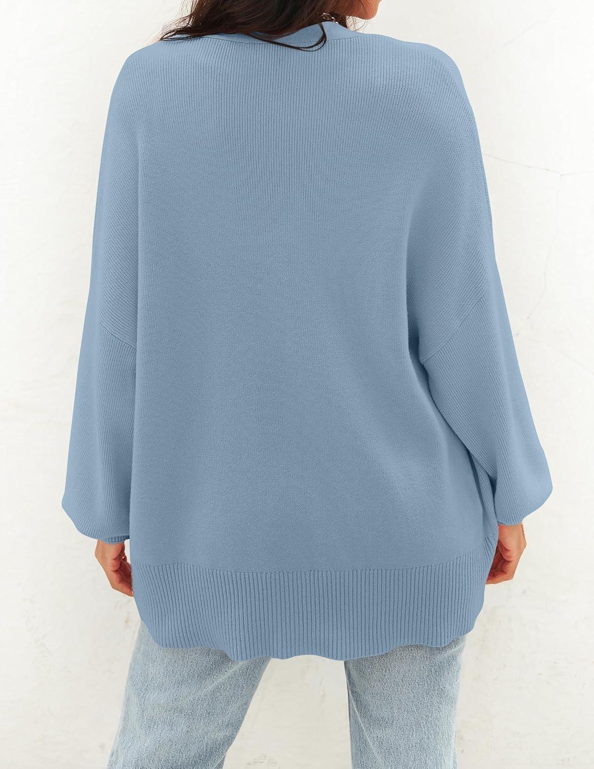 imageZESICA Womens Casual Long Sleeve Cardigan V Neck Button Down Open Front Knit Loose Oversized Sweater CoatBlue