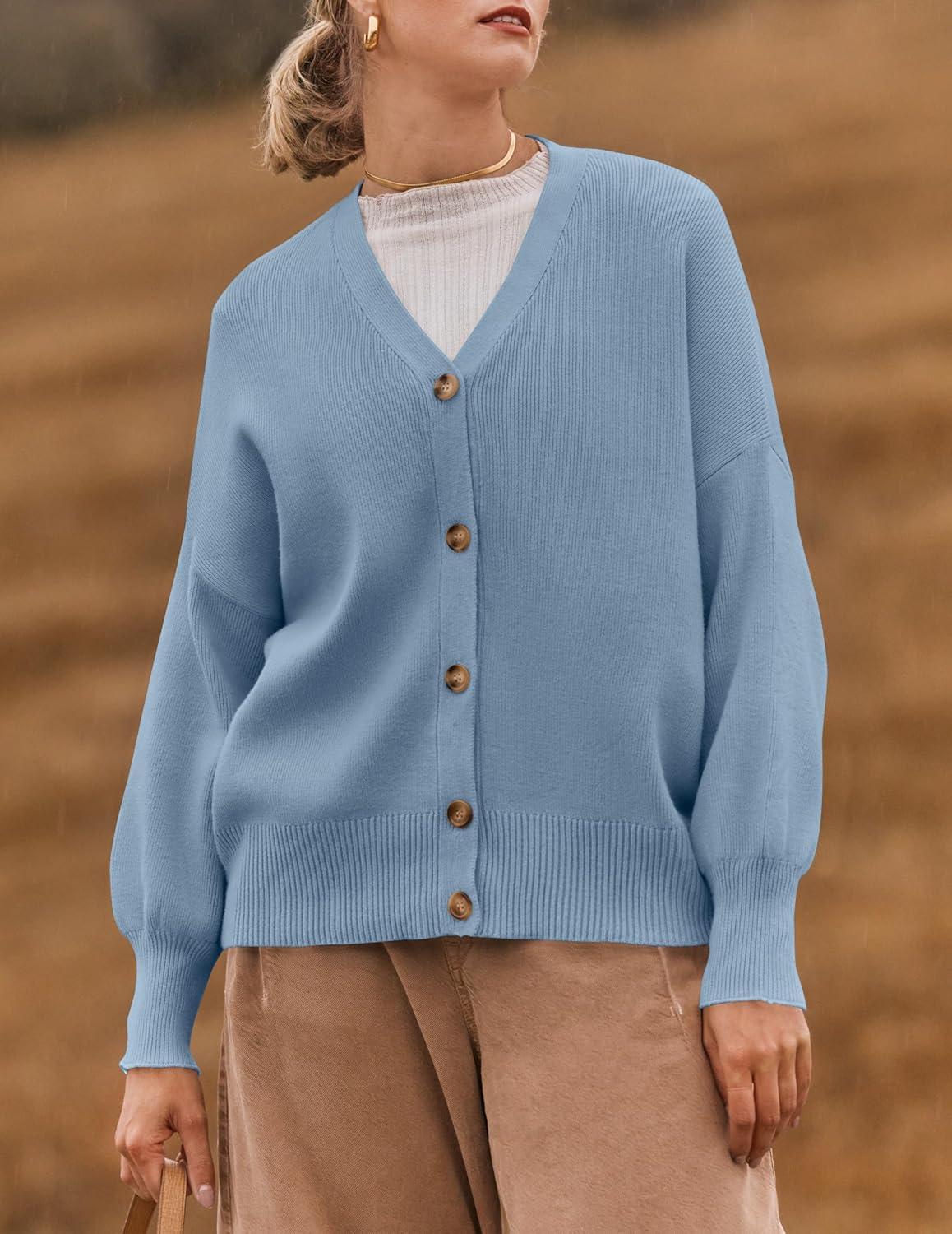 imageZESICA Womens Casual Long Sleeve Cardigan V Neck Button Down Open Front Knit Loose Oversized Sweater CoatBlue