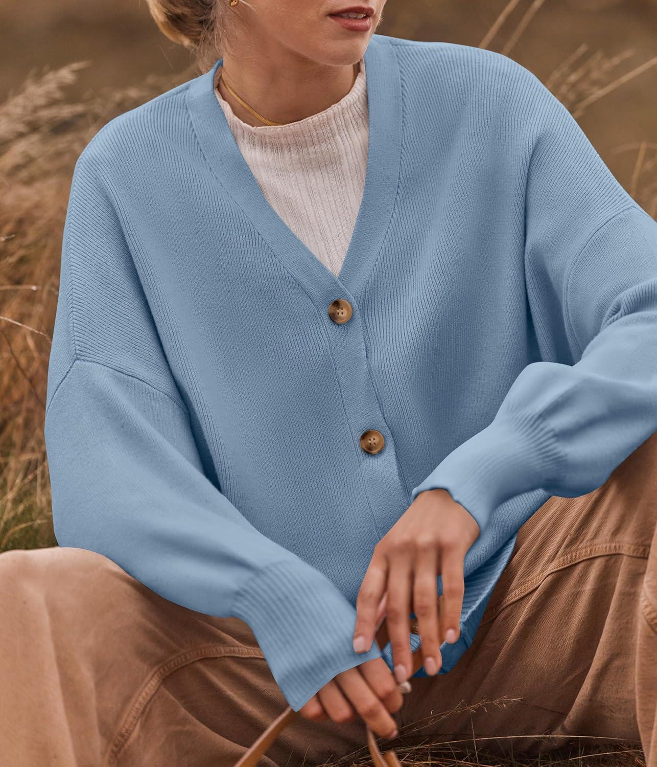 imageZESICA Womens Casual Long Sleeve Cardigan V Neck Button Down Open Front Knit Loose Oversized Sweater CoatBlue