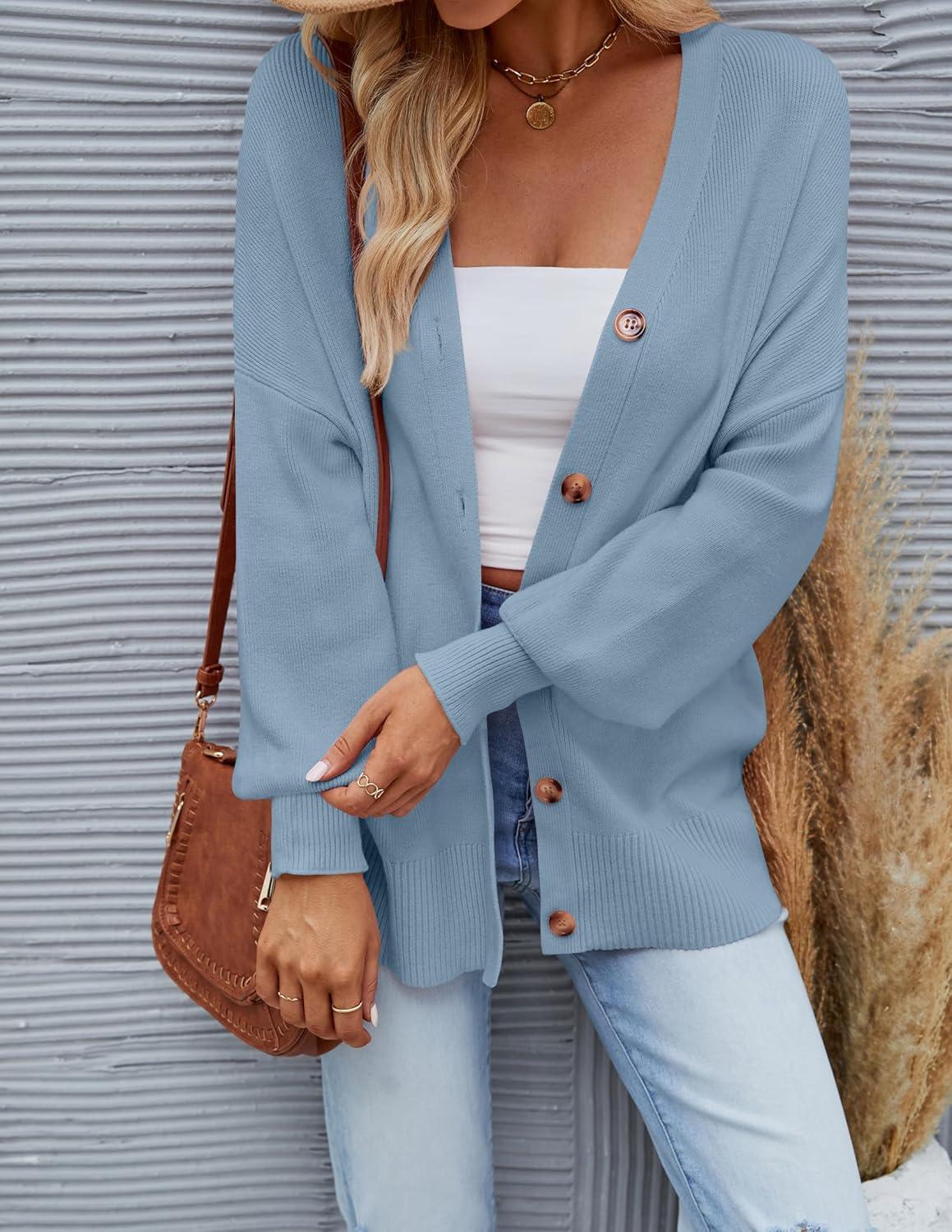 imageZESICA Womens Casual Long Sleeve Cardigan V Neck Button Down Open Front Knit Loose Oversized Sweater CoatBlue