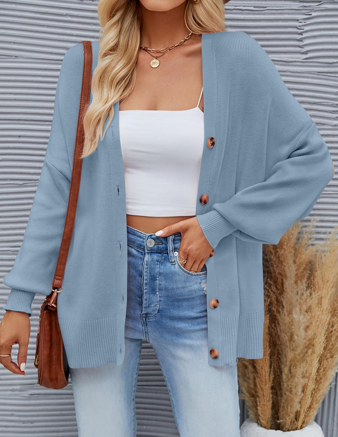 imageZESICA Womens Casual Long Sleeve Cardigan V Neck Button Down Open Front Knit Loose Oversized Sweater CoatBlue