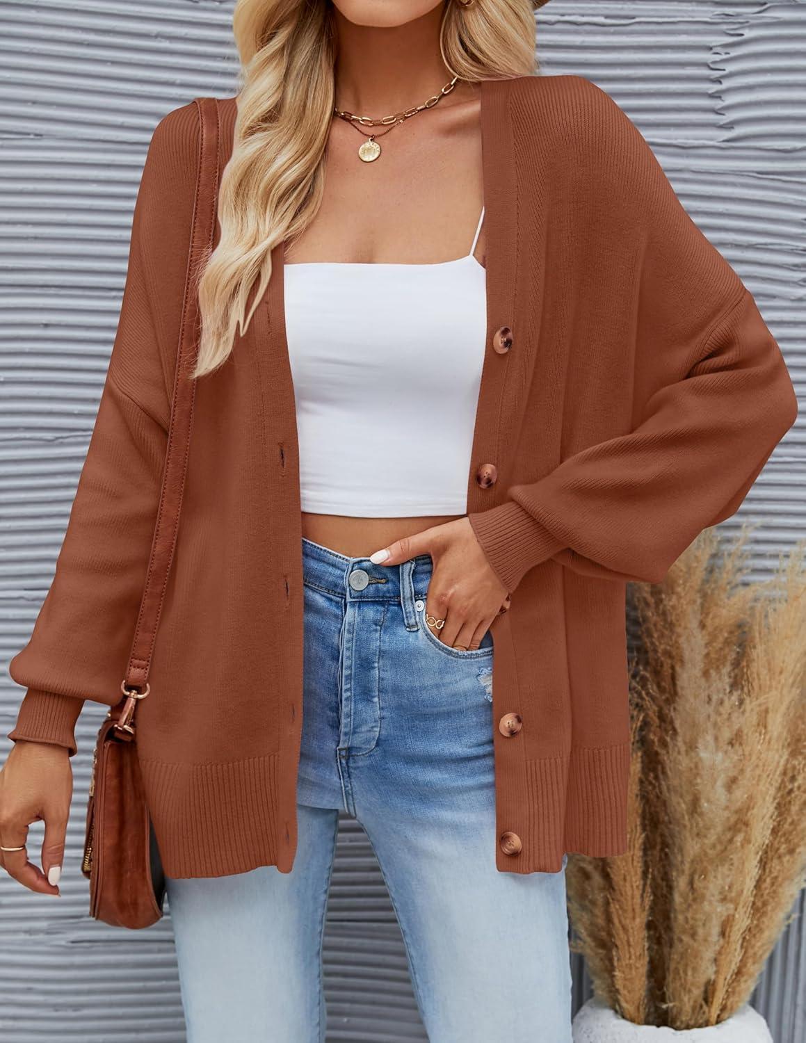 imageZESICA Womens Casual Long Sleeve Cardigan V Neck Button Down Open Front Knit Loose Oversized Sweater CoatCaramel