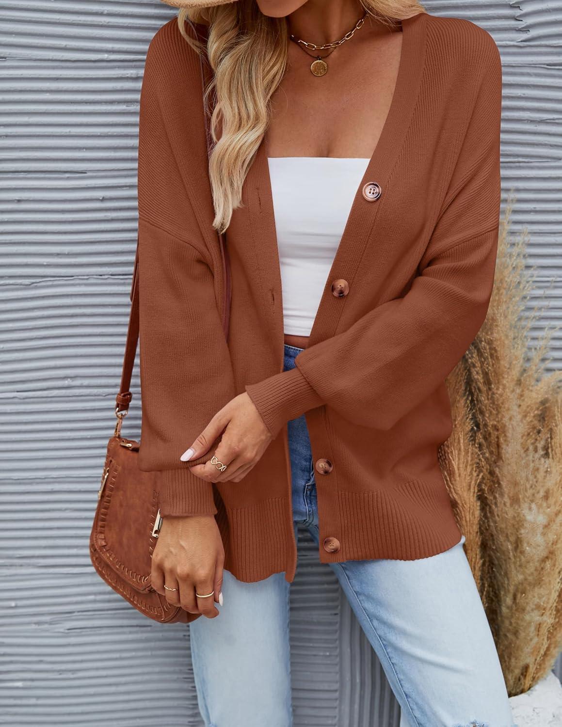 imageZESICA Womens Casual Long Sleeve Cardigan V Neck Button Down Open Front Knit Loose Oversized Sweater CoatCaramel