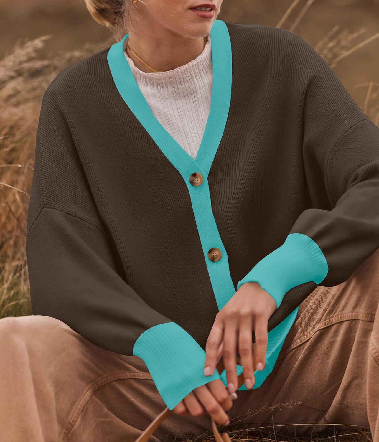 imageZESICA Womens Casual Long Sleeve Cardigan V Neck Button Down Open Front Knit Loose Oversized Sweater CoatCoffee