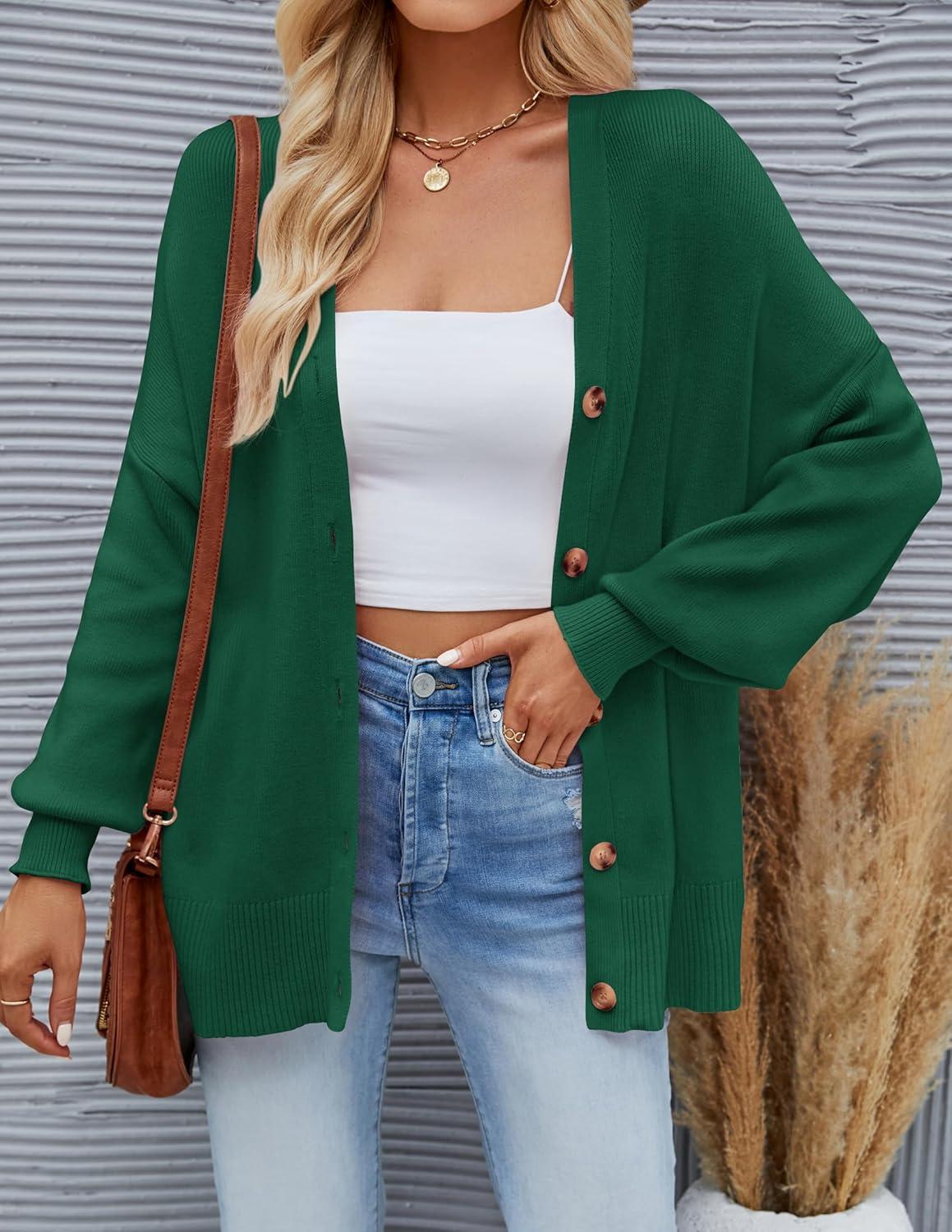 imageZESICA Womens Casual Long Sleeve Cardigan V Neck Button Down Open Front Knit Loose Oversized Sweater CoatDarkgreen