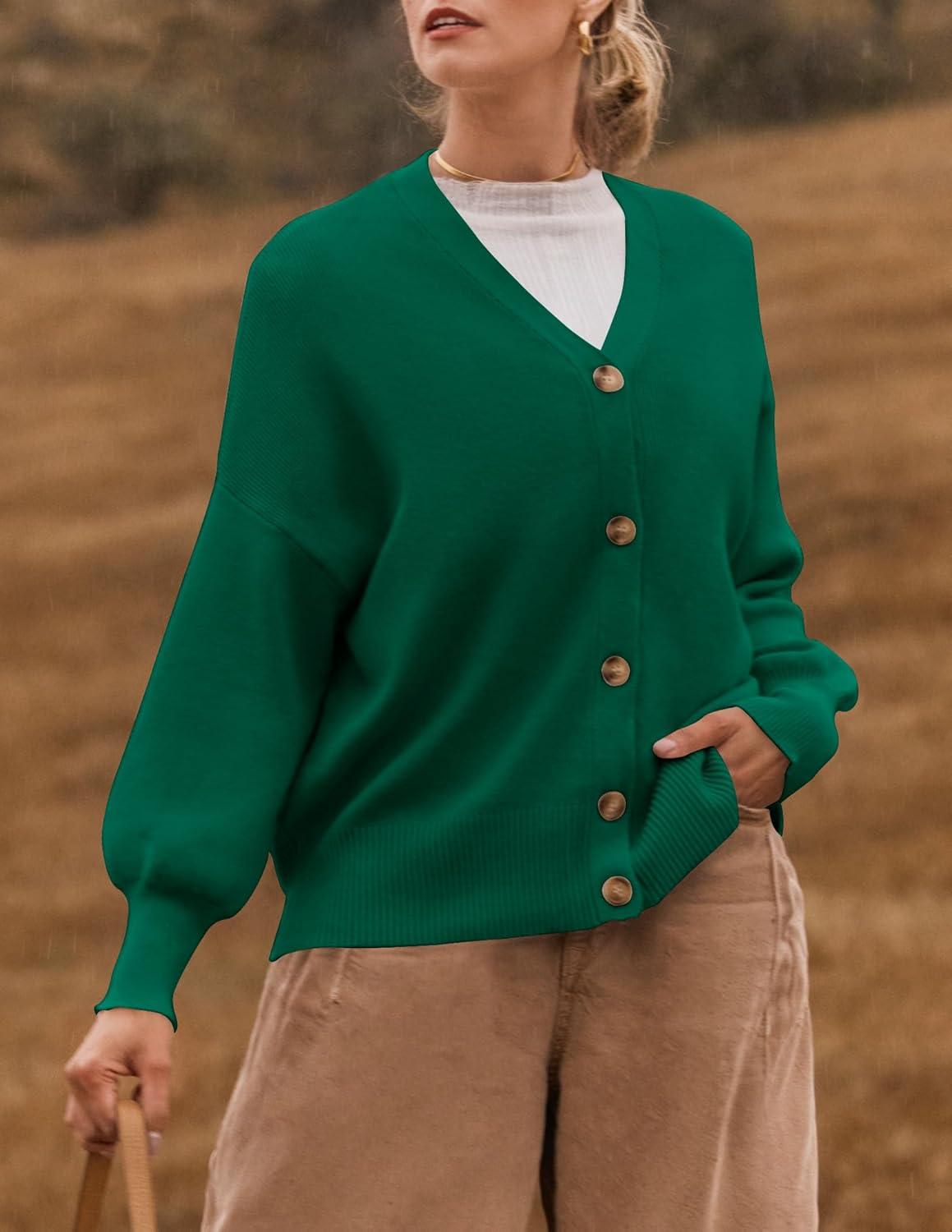 imageZESICA Womens Casual Long Sleeve Cardigan V Neck Button Down Open Front Knit Loose Oversized Sweater CoatDarkgreen