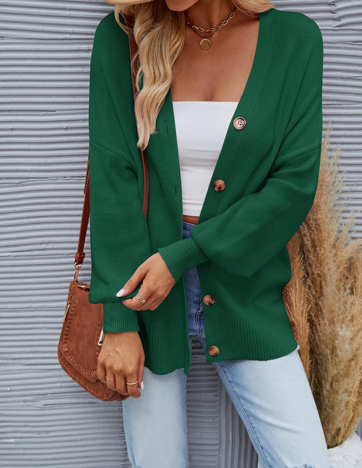 imageZESICA Womens Casual Long Sleeve Cardigan V Neck Button Down Open Front Knit Loose Oversized Sweater CoatDarkgreen
