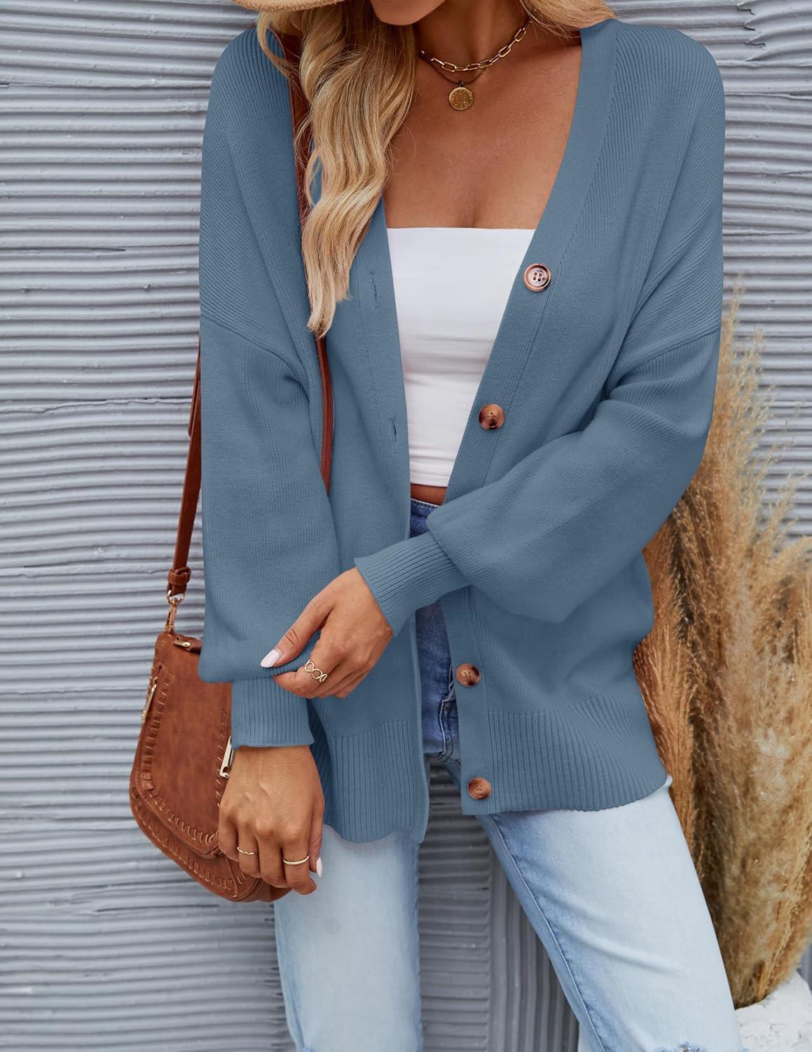 imageZESICA Womens Casual Long Sleeve Cardigan V Neck Button Down Open Front Knit Loose Oversized Sweater CoatDustyblue