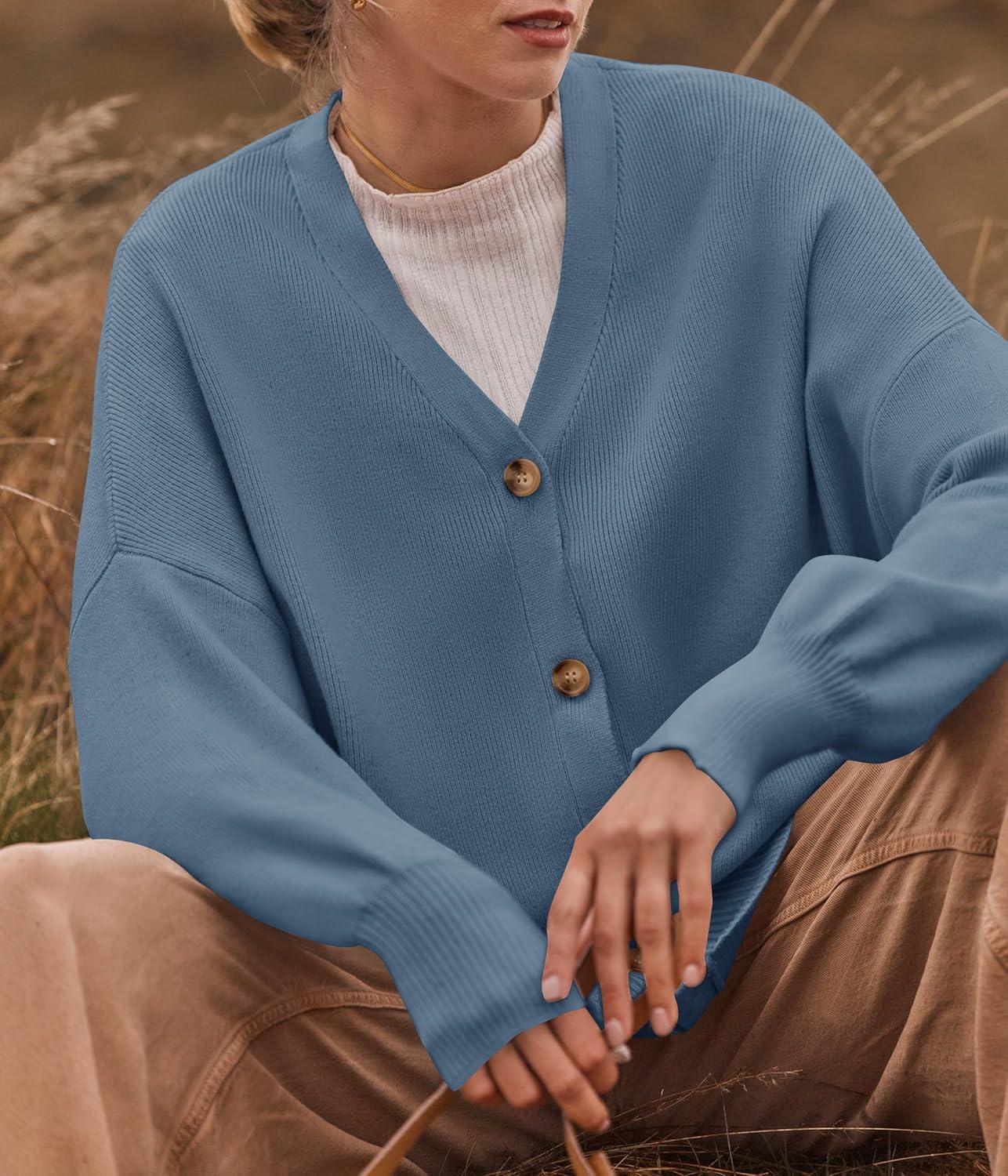 imageZESICA Womens Casual Long Sleeve Cardigan V Neck Button Down Open Front Knit Loose Oversized Sweater CoatDustyblue