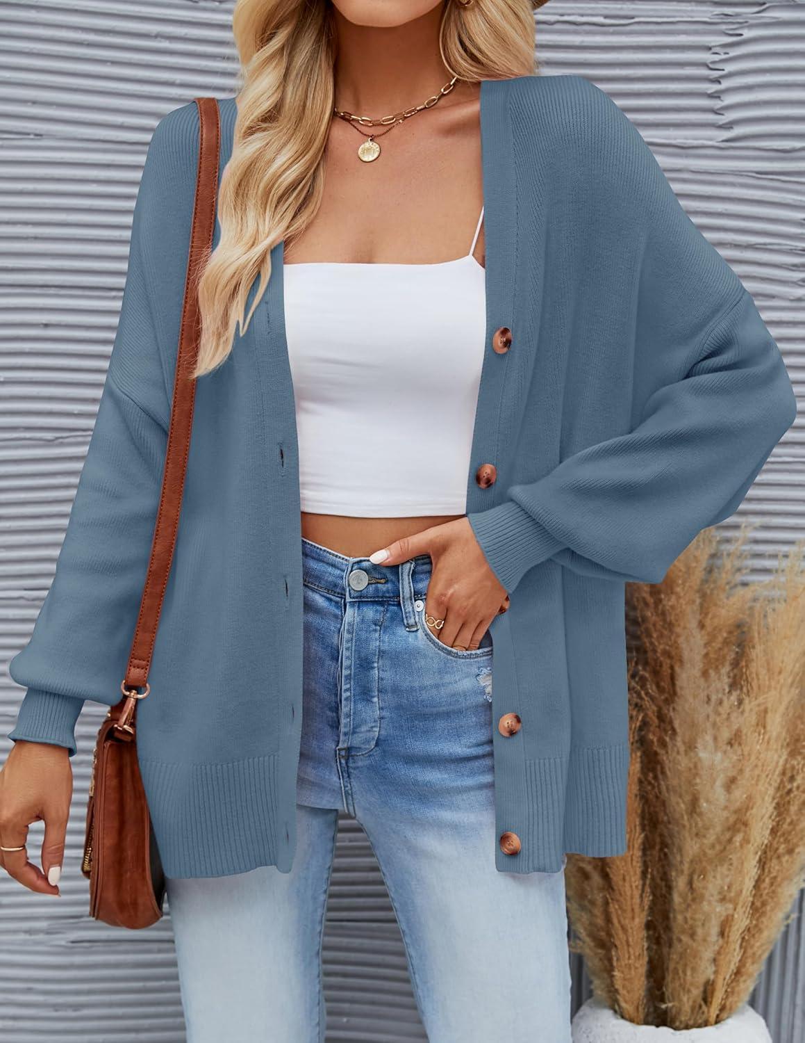imageZESICA Womens Casual Long Sleeve Cardigan V Neck Button Down Open Front Knit Loose Oversized Sweater CoatDustyblue