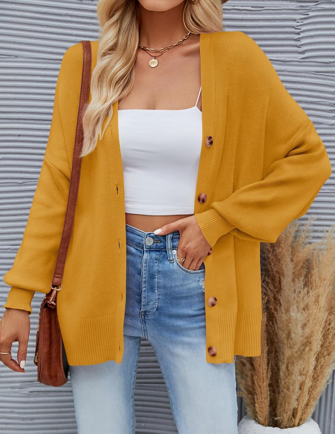 imageZESICA Womens Casual Long Sleeve Cardigan V Neck Button Down Open Front Knit Loose Oversized Sweater CoatGinger