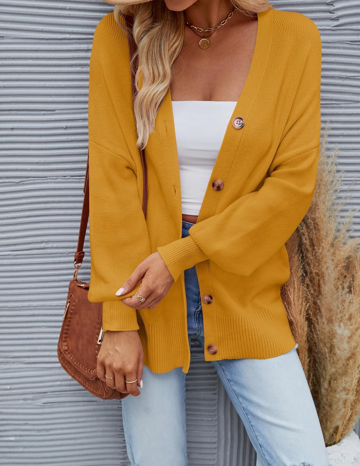imageZESICA Womens Casual Long Sleeve Cardigan V Neck Button Down Open Front Knit Loose Oversized Sweater CoatGinger
