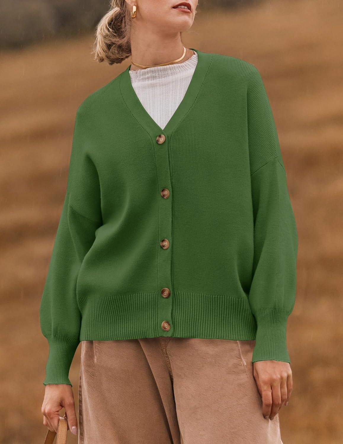 imageZESICA Womens Casual Long Sleeve Cardigan V Neck Button Down Open Front Knit Loose Oversized Sweater CoatGreen