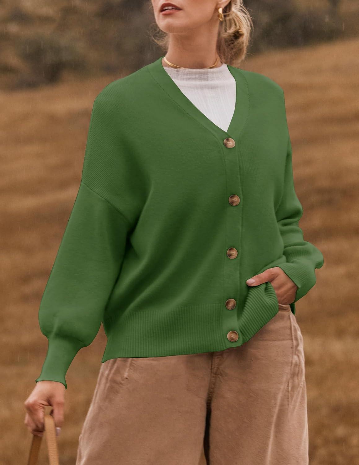 imageZESICA Womens Casual Long Sleeve Cardigan V Neck Button Down Open Front Knit Loose Oversized Sweater CoatGreen