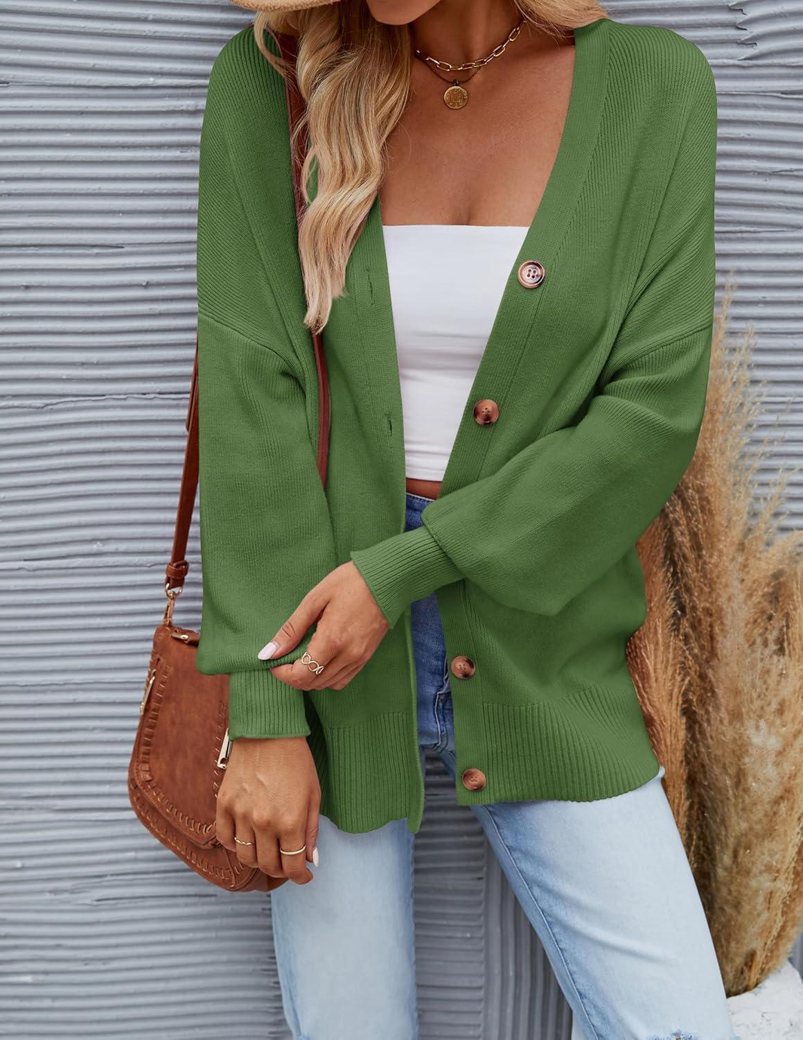 imageZESICA Womens Casual Long Sleeve Cardigan V Neck Button Down Open Front Knit Loose Oversized Sweater CoatGreen