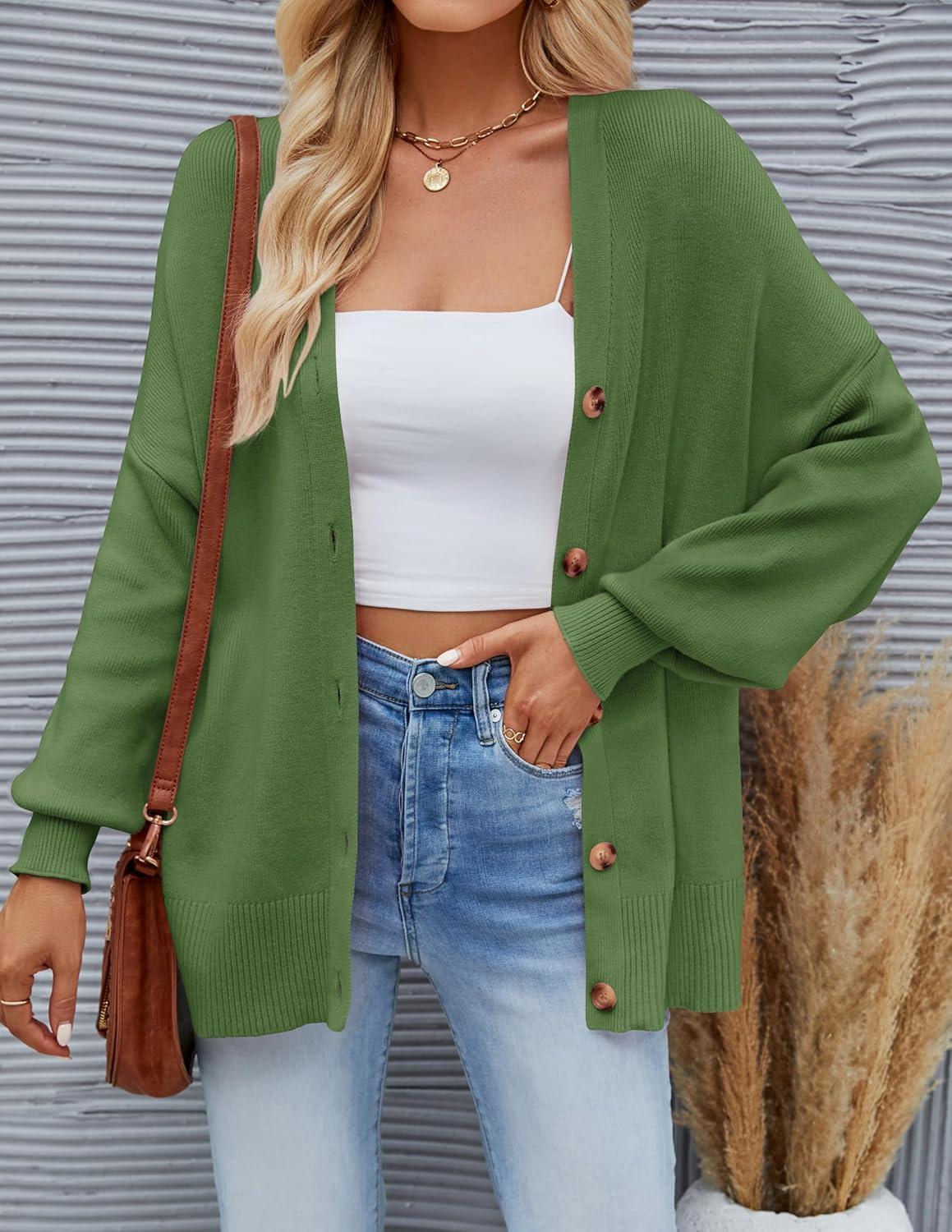 imageZESICA Womens Casual Long Sleeve Cardigan V Neck Button Down Open Front Knit Loose Oversized Sweater CoatGreen
