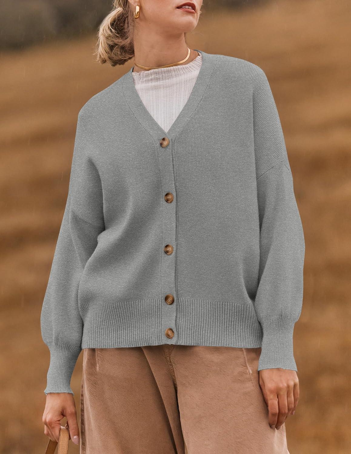 imageZESICA Womens Casual Long Sleeve Cardigan V Neck Button Down Open Front Knit Loose Oversized Sweater CoatGrey