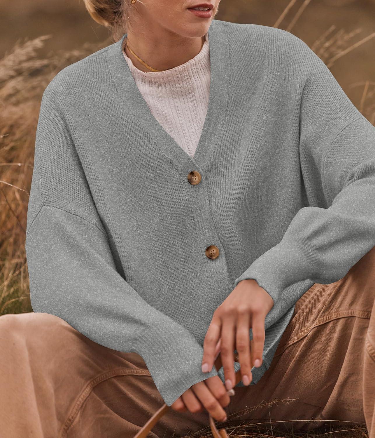 imageZESICA Womens Casual Long Sleeve Cardigan V Neck Button Down Open Front Knit Loose Oversized Sweater CoatGrey