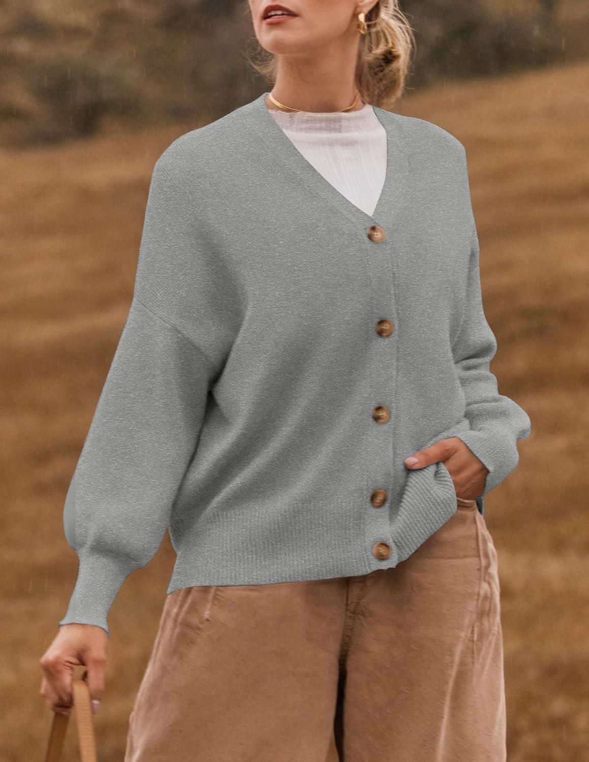 imageZESICA Womens Casual Long Sleeve Cardigan V Neck Button Down Open Front Knit Loose Oversized Sweater CoatGrey