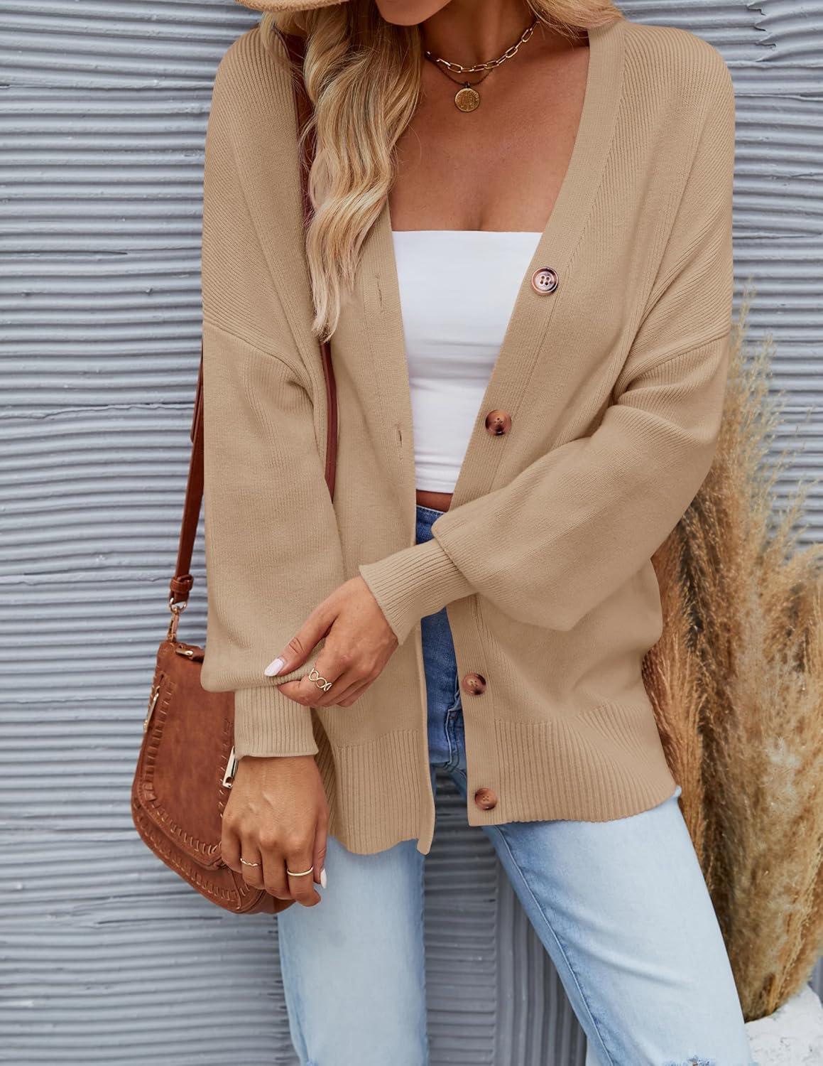imageZESICA Womens Casual Long Sleeve Cardigan V Neck Button Down Open Front Knit Loose Oversized Sweater CoatKhaki