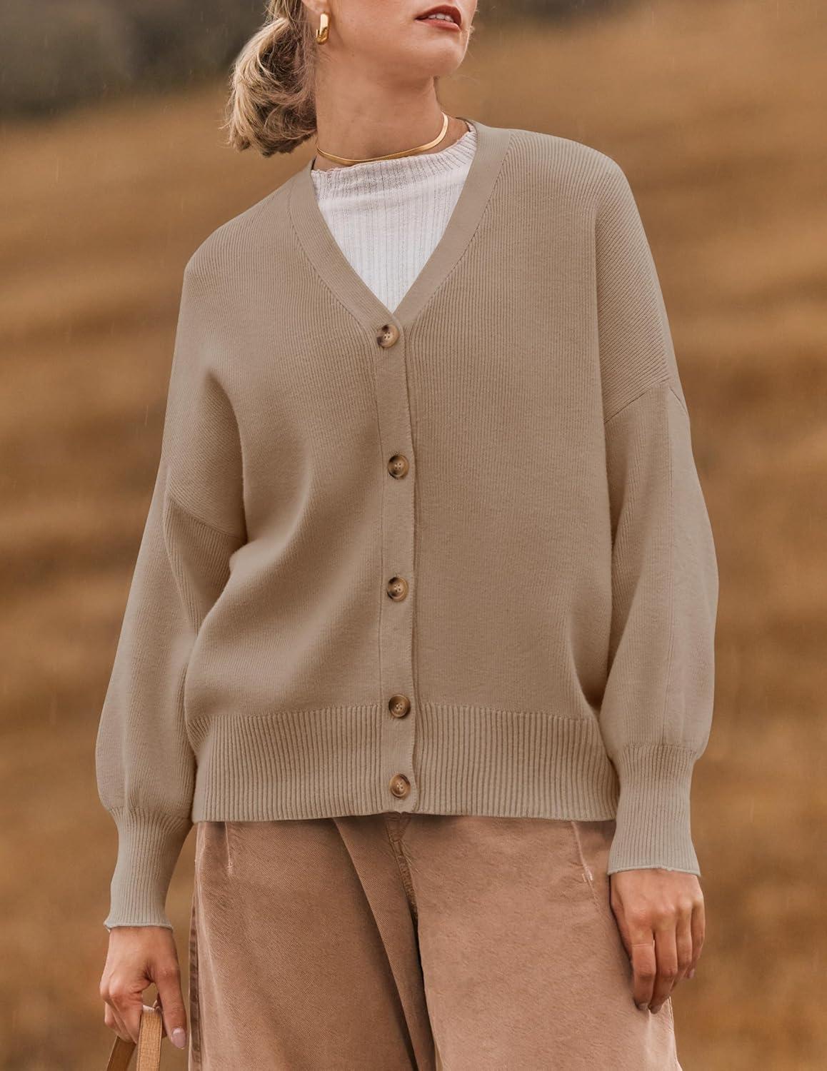imageZESICA Womens Casual Long Sleeve Cardigan V Neck Button Down Open Front Knit Loose Oversized Sweater CoatKhaki