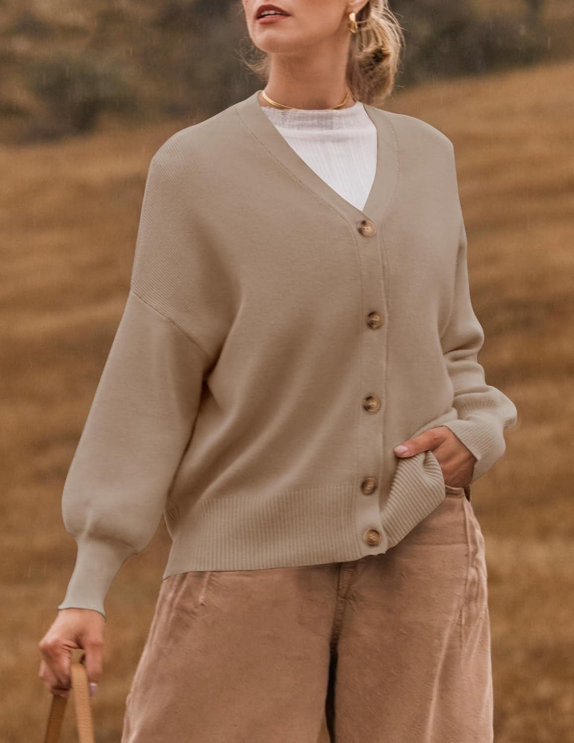 imageZESICA Womens Casual Long Sleeve Cardigan V Neck Button Down Open Front Knit Loose Oversized Sweater CoatKhaki