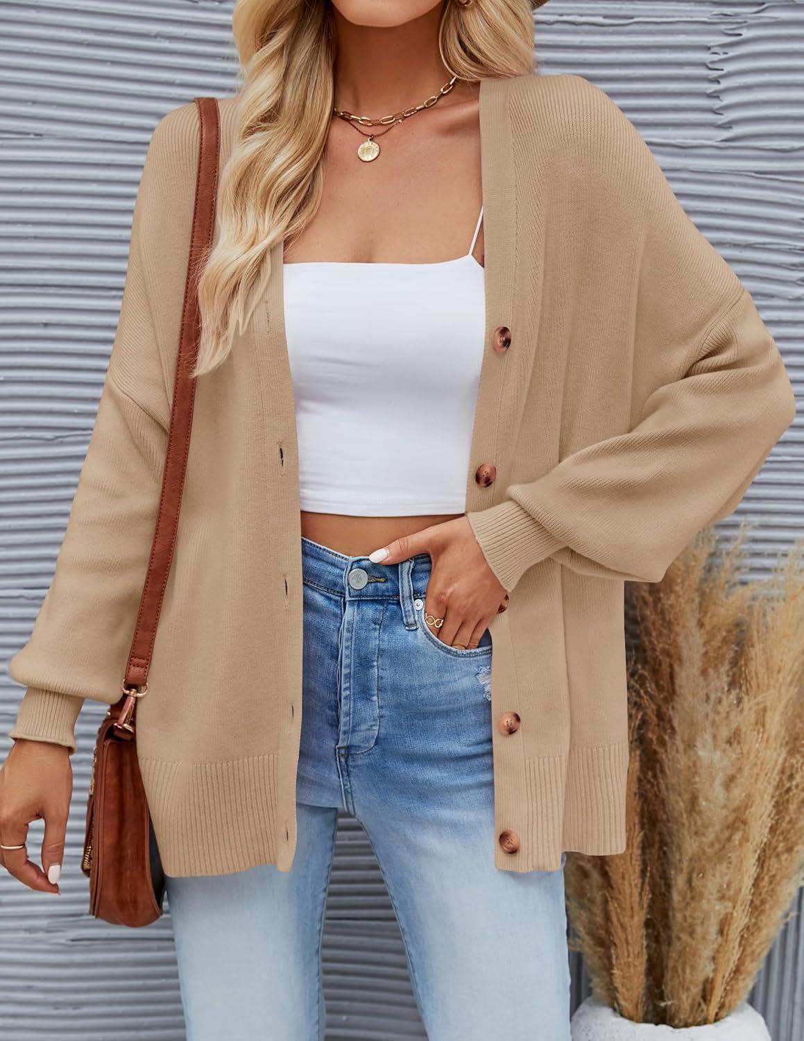 imageZESICA Womens Casual Long Sleeve Cardigan V Neck Button Down Open Front Knit Loose Oversized Sweater CoatKhaki