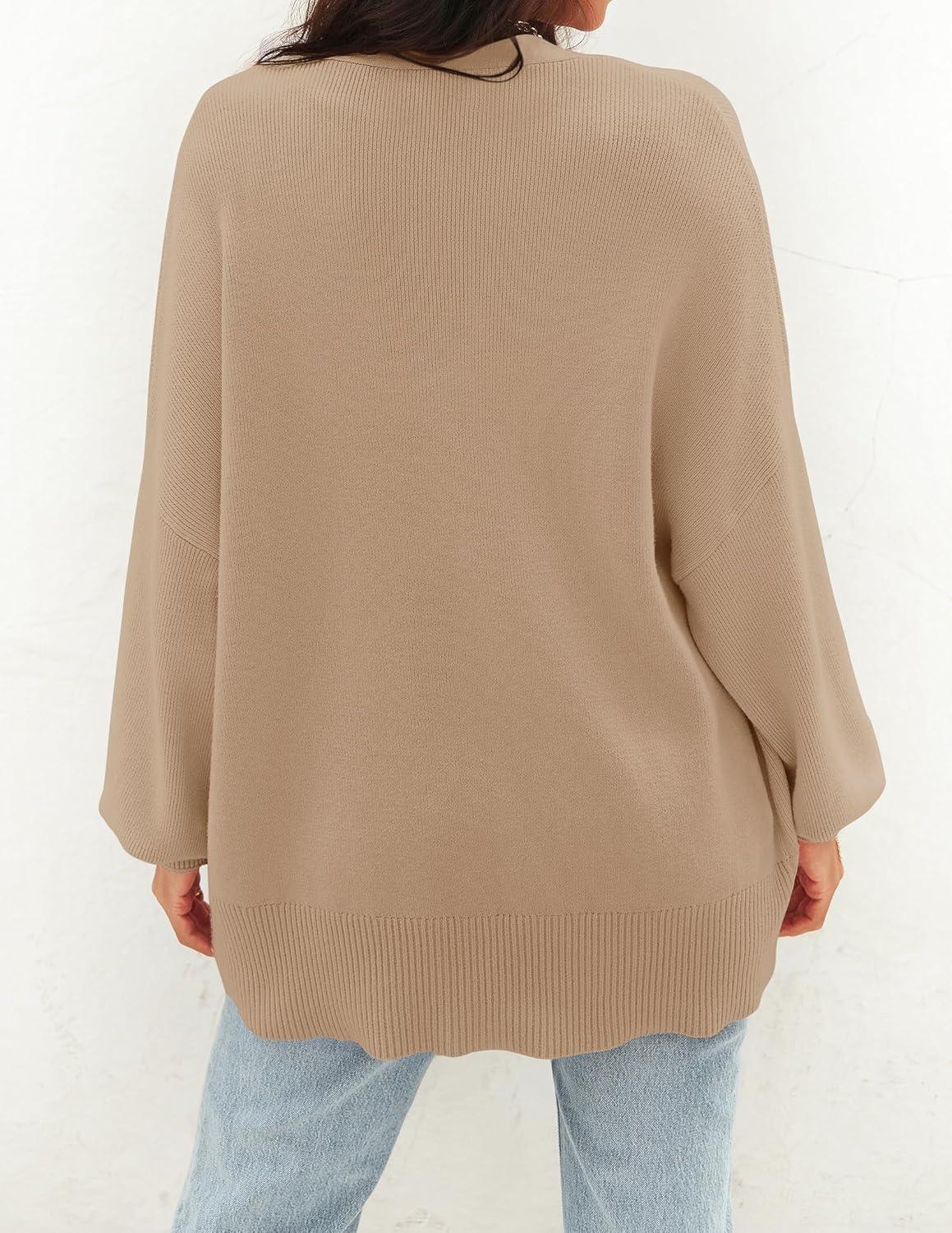 imageZESICA Womens Casual Long Sleeve Cardigan V Neck Button Down Open Front Knit Loose Oversized Sweater CoatKhaki