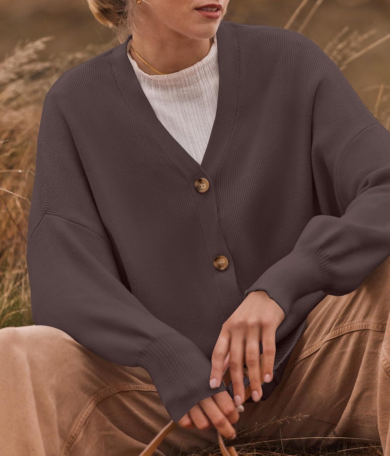 imageZESICA Womens Casual Long Sleeve Cardigan V Neck Button Down Open Front Knit Loose Oversized Sweater CoatNutmeg