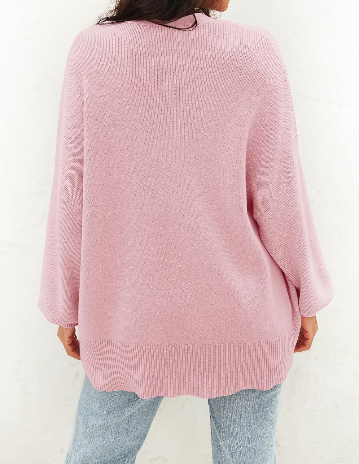 imageZESICA Womens Casual Long Sleeve Cardigan V Neck Button Down Open Front Knit Loose Oversized Sweater CoatPink
