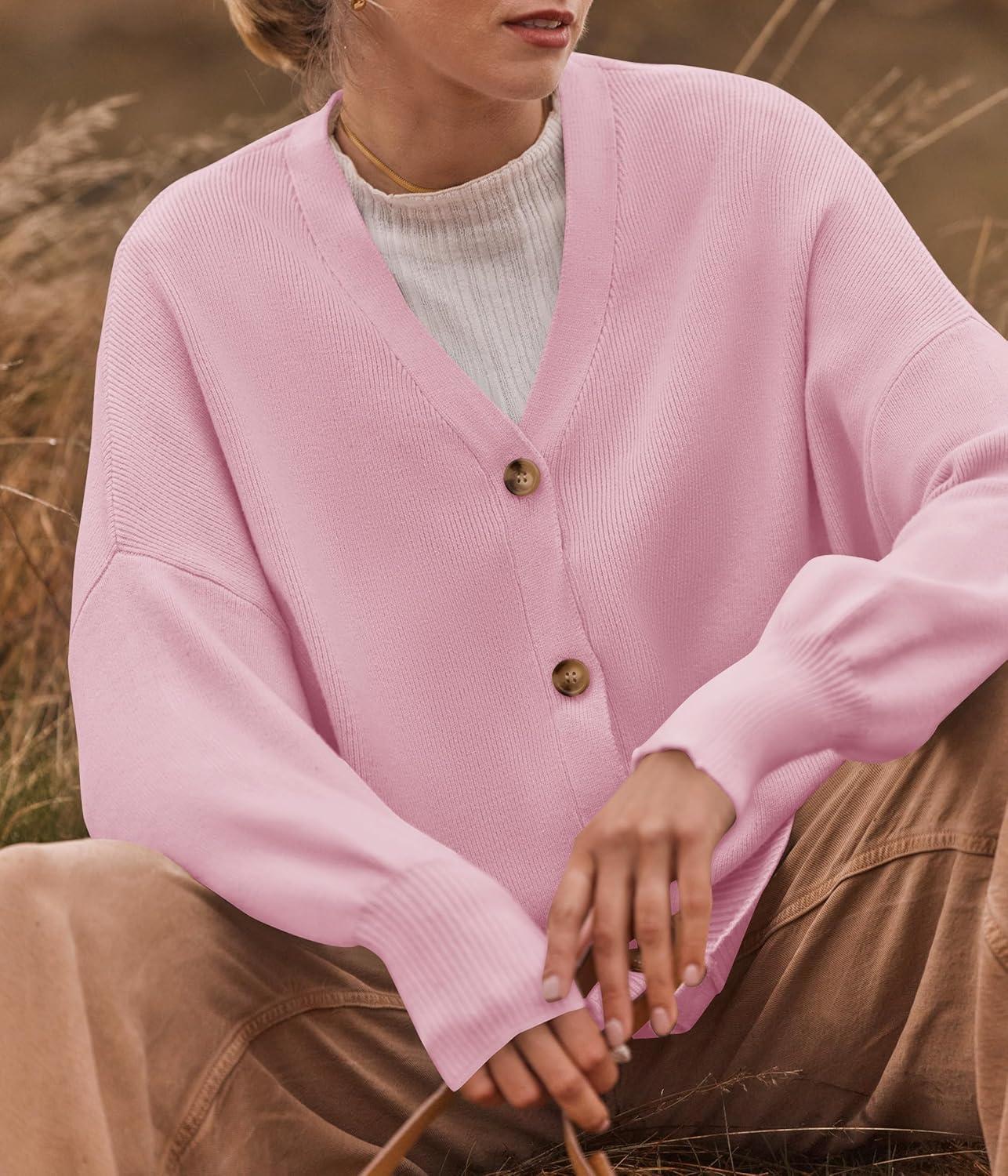 imageZESICA Womens Casual Long Sleeve Cardigan V Neck Button Down Open Front Knit Loose Oversized Sweater CoatPink