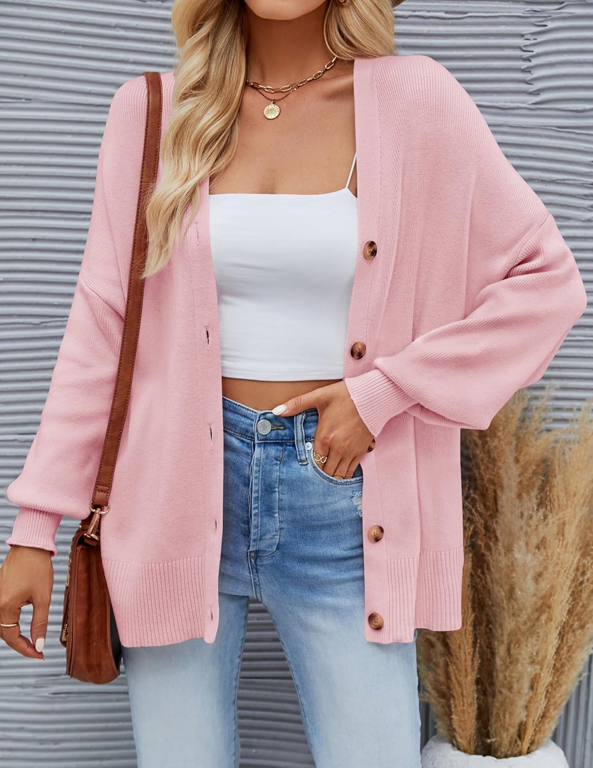 imageZESICA Womens Casual Long Sleeve Cardigan V Neck Button Down Open Front Knit Loose Oversized Sweater CoatPink