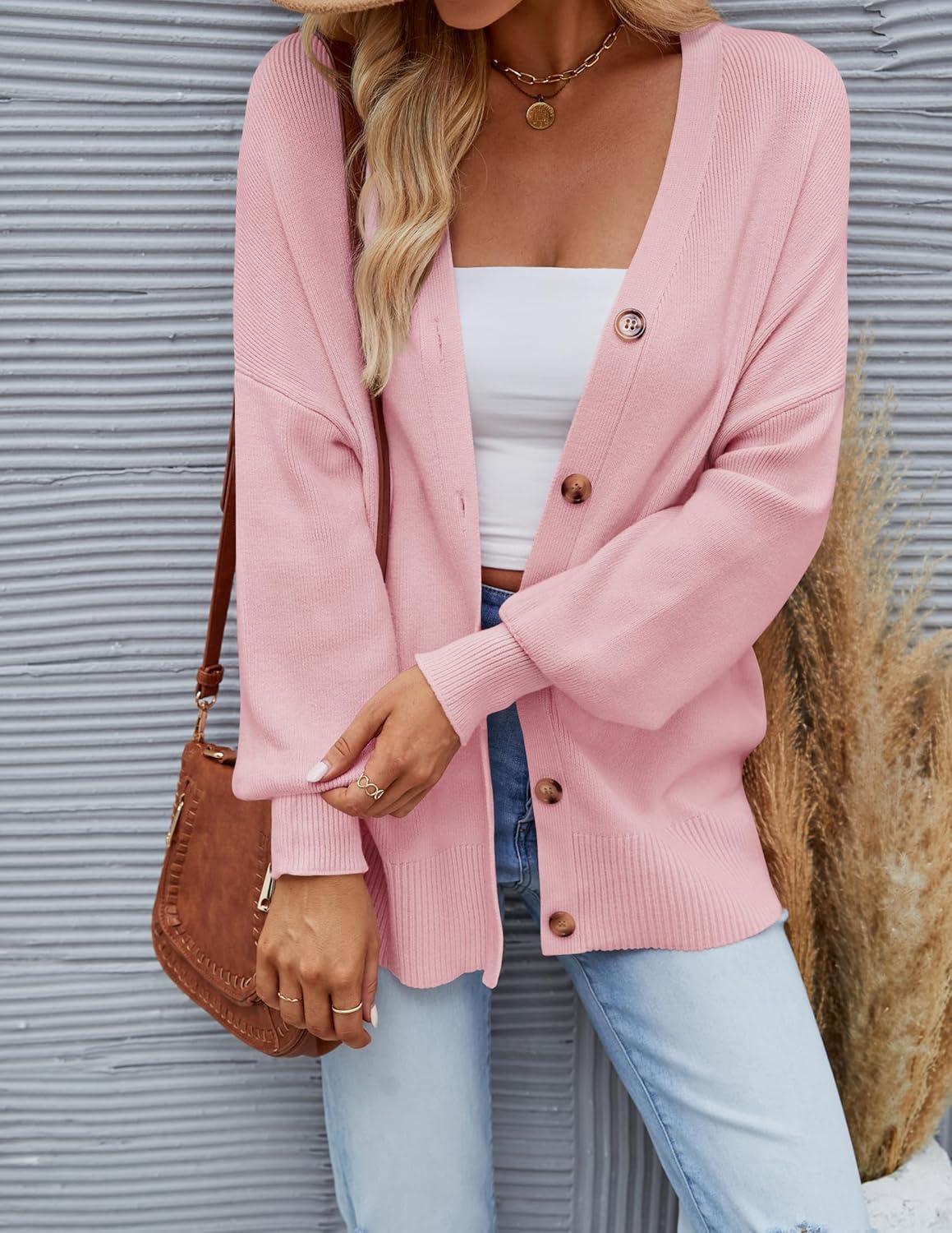 imageZESICA Womens Casual Long Sleeve Cardigan V Neck Button Down Open Front Knit Loose Oversized Sweater CoatPink