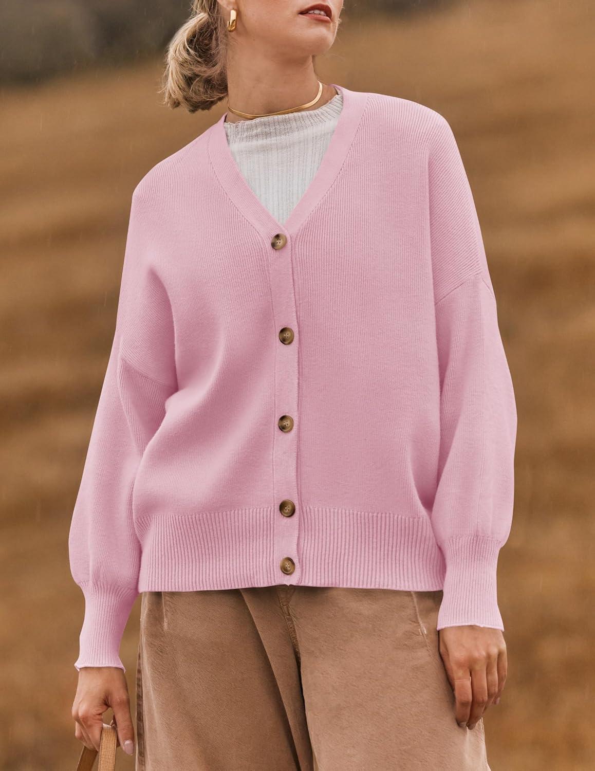 imageZESICA Womens Casual Long Sleeve Cardigan V Neck Button Down Open Front Knit Loose Oversized Sweater CoatPink