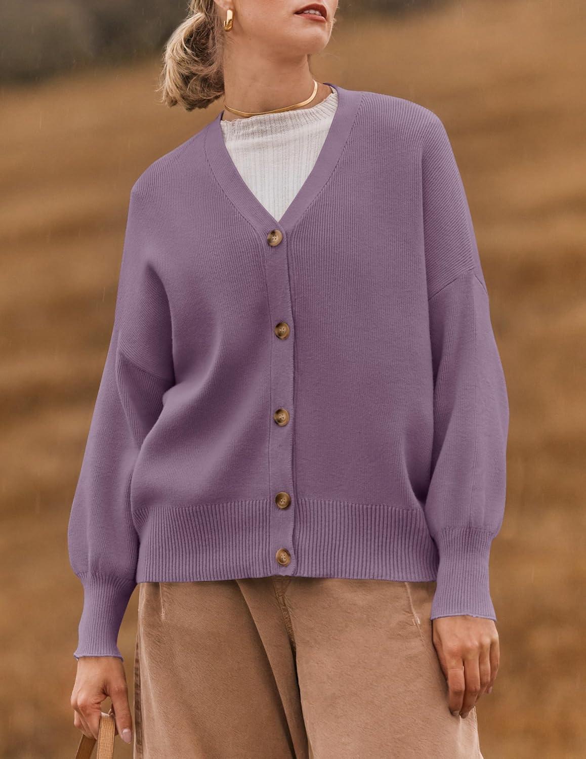 imageZESICA Womens Casual Long Sleeve Cardigan V Neck Button Down Open Front Knit Loose Oversized Sweater CoatPurple