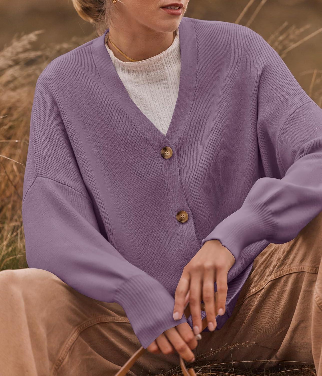 imageZESICA Womens Casual Long Sleeve Cardigan V Neck Button Down Open Front Knit Loose Oversized Sweater CoatPurple