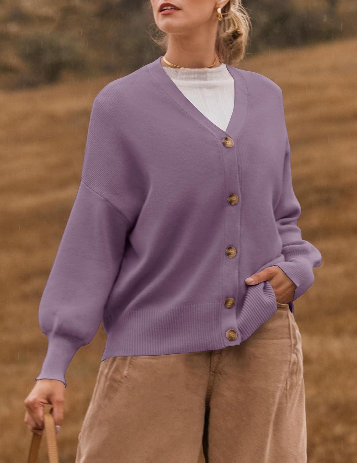 imageZESICA Womens Casual Long Sleeve Cardigan V Neck Button Down Open Front Knit Loose Oversized Sweater CoatPurple
